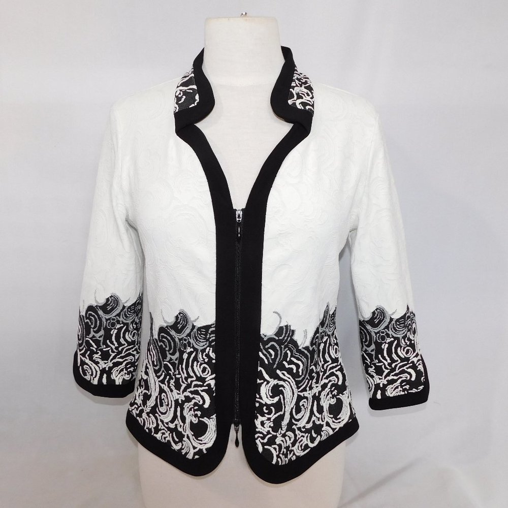 Joseph Ribkoff Womens 10 Black White Textured Full Zip Blazer 3/4 Sleeve
